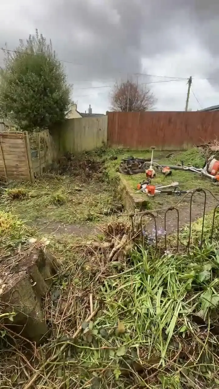 Strimmers and chainsaws laid out on a garden plot that has just been cleared back to bare ground