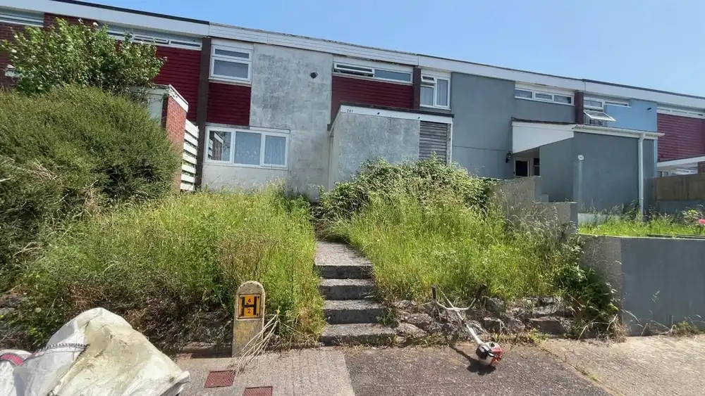 A terraced front garden completely overgrown with waist-high grass and weeds, hiding the steps up to the front door