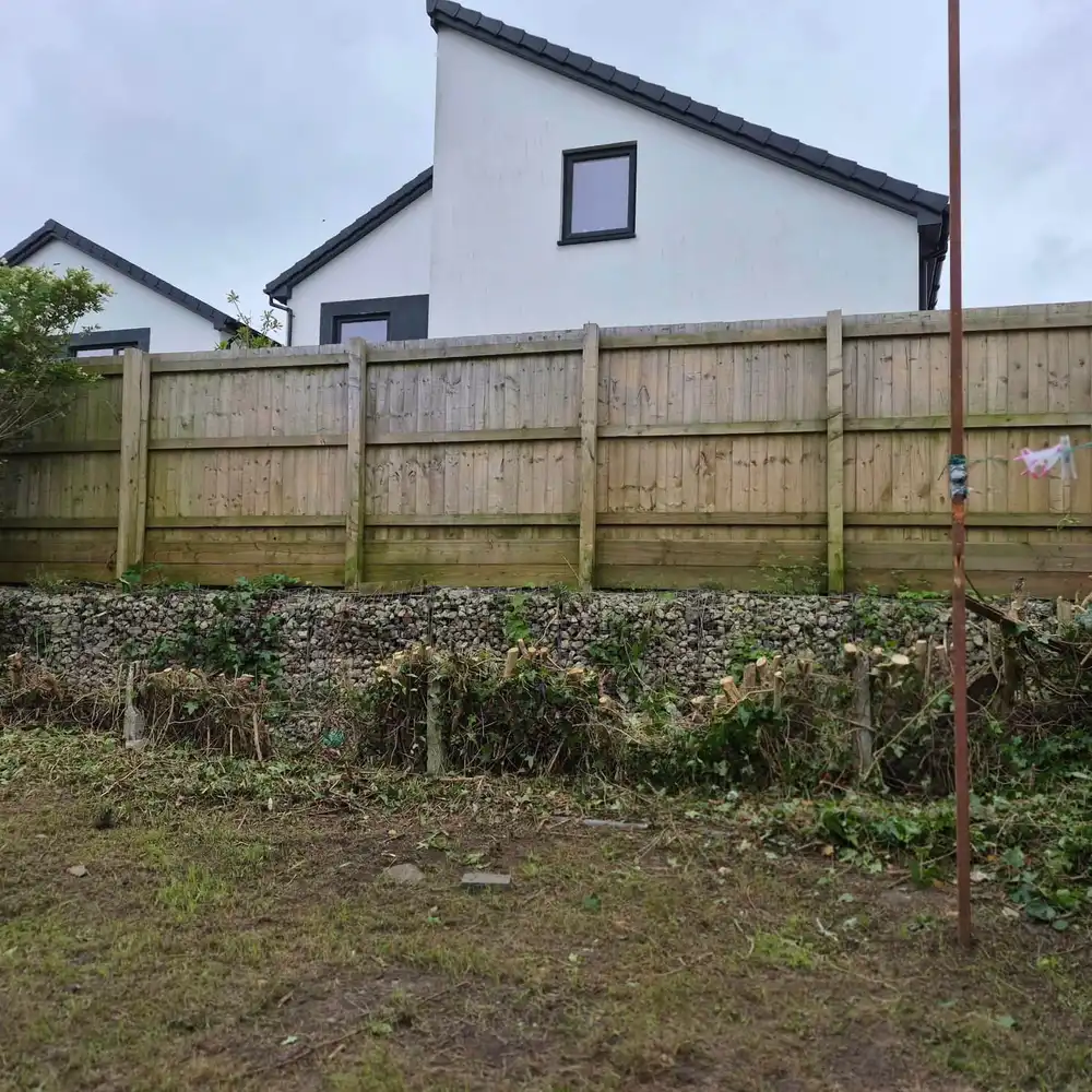 The same boundary with the hedge gone, the fence panels fully visible and the ground cut level beneath