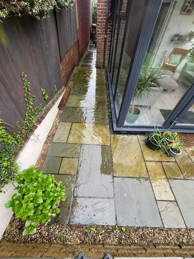 A paved path half jet washed, the cleaned half noticeably lighter than the untouched half
