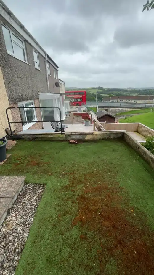 A back lawn with a large conifer removed, the ground cut level and the view down the garden open again